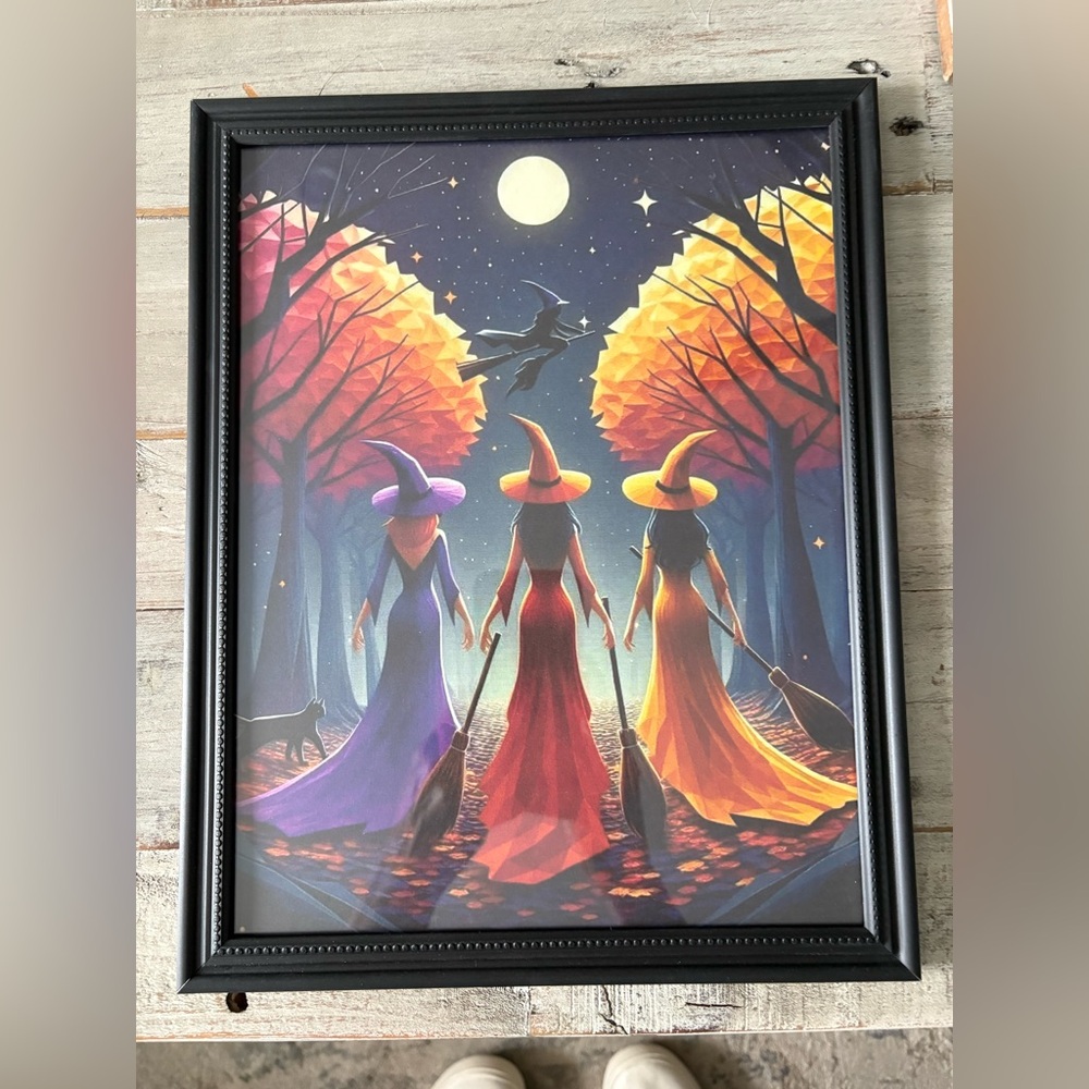 Witch Trio Framed Art Print - Black, Purple, Red, Yellow